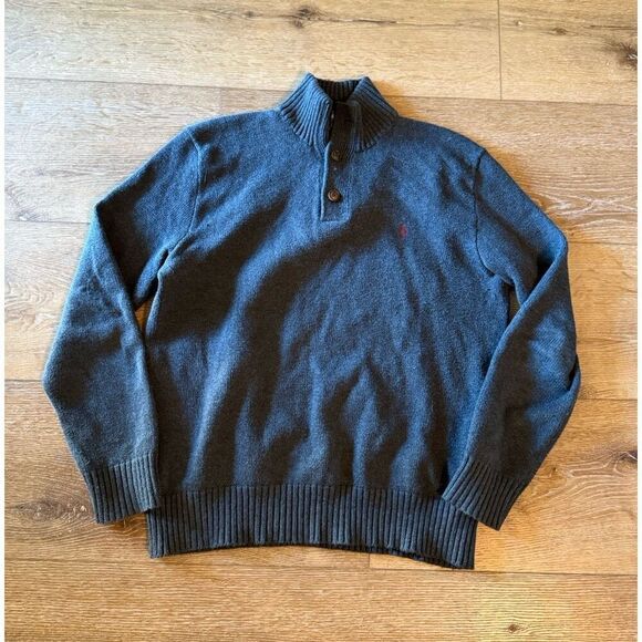 Polo Ralph Lauren Mens Gray Knit Pullover Mock Neck Sweatshirt Button Up Size M - Picture 1 of 3